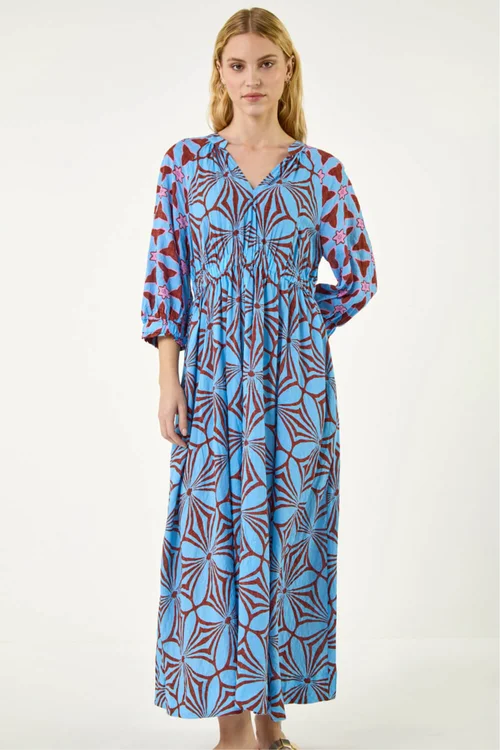 Roman Blue Abstract Print V-Neck Maxi Dress - 10 Image 4