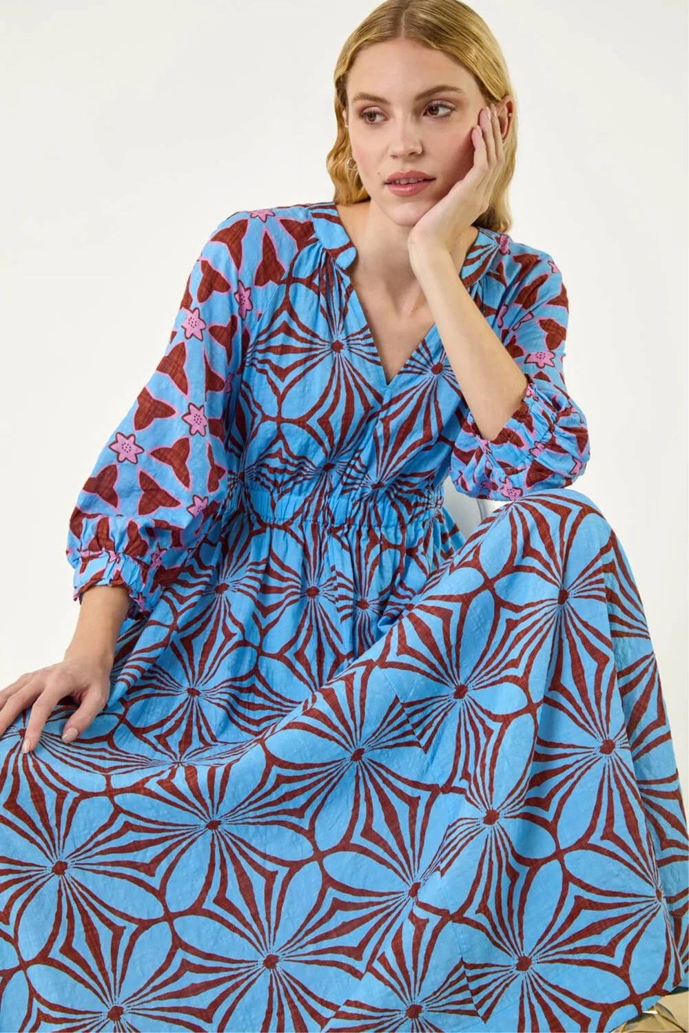 Roman Blue Abstract Print V-Neck Maxi Dress - 10 Image 1