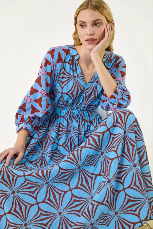 Roman Blue Abstract Print V-Neck Maxi Dress - 10 Image 1