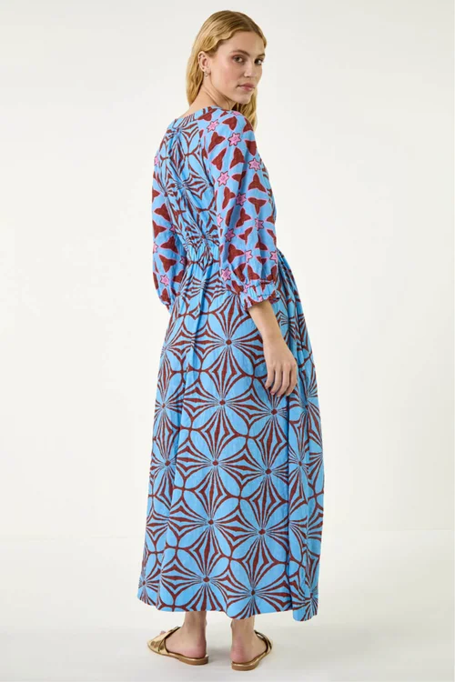 Roman Blue Abstract Print V-Neck Maxi Dress - 10 Image 3
