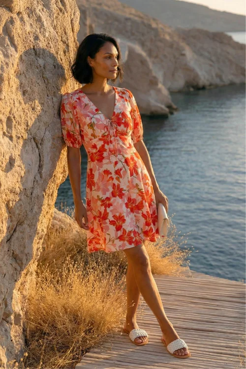 Dusk Red Floral Tie Front Dress - 10 Image 2
