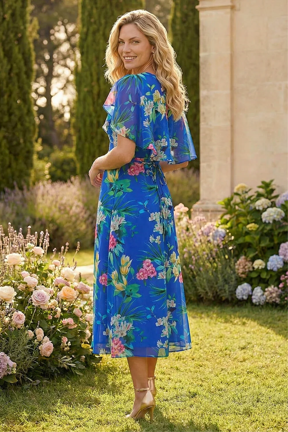 Roman Blue Floral Chiffon Back Cape Dress - 10 Image 3