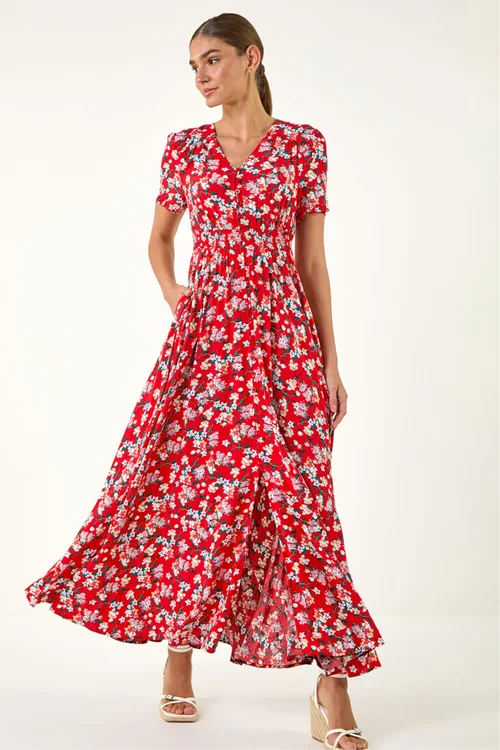 Roman Red Floral Print Button Maxi Dress - 18 Image 2