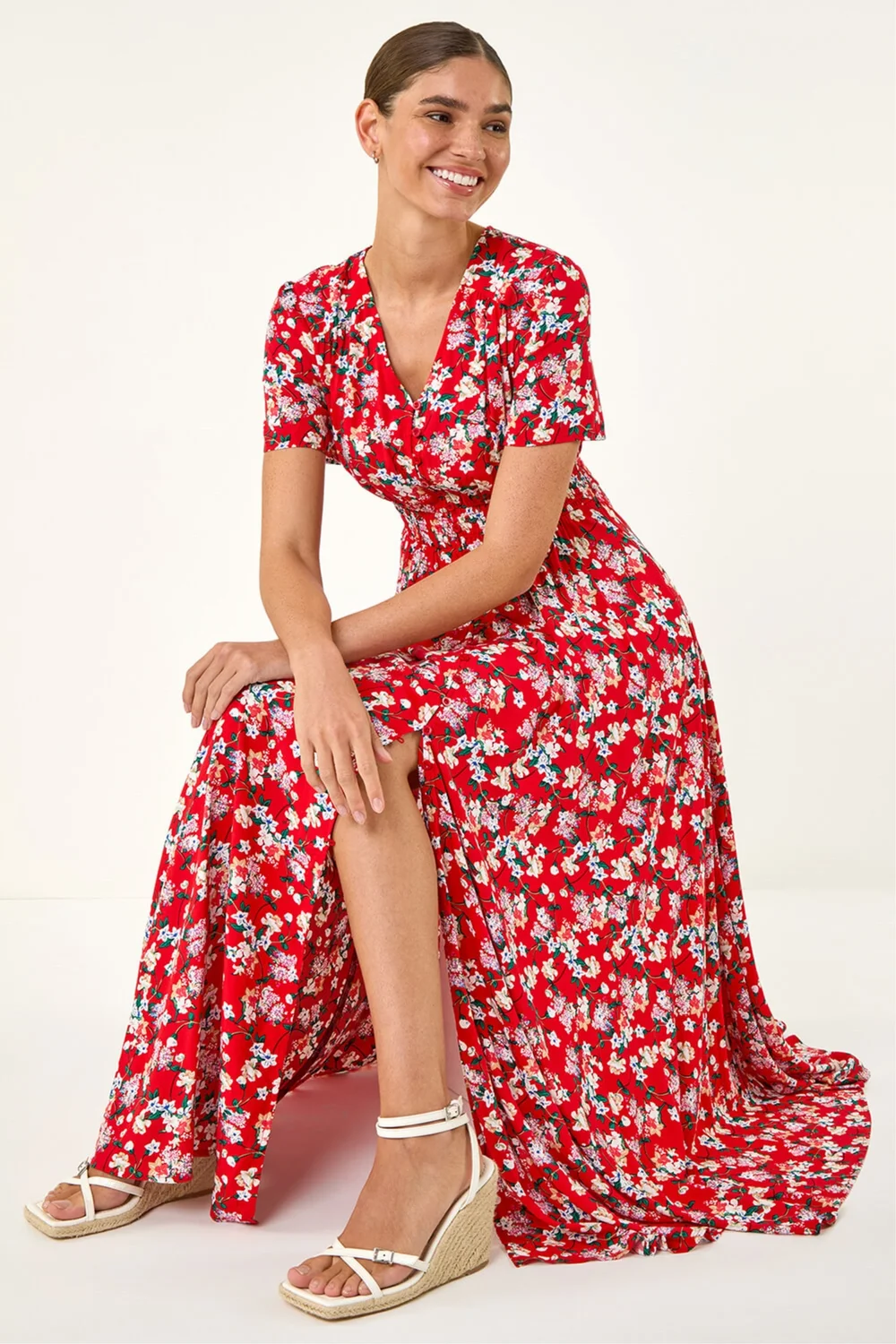 Roman Red Floral Print Button Maxi Dress - 18 Image 1