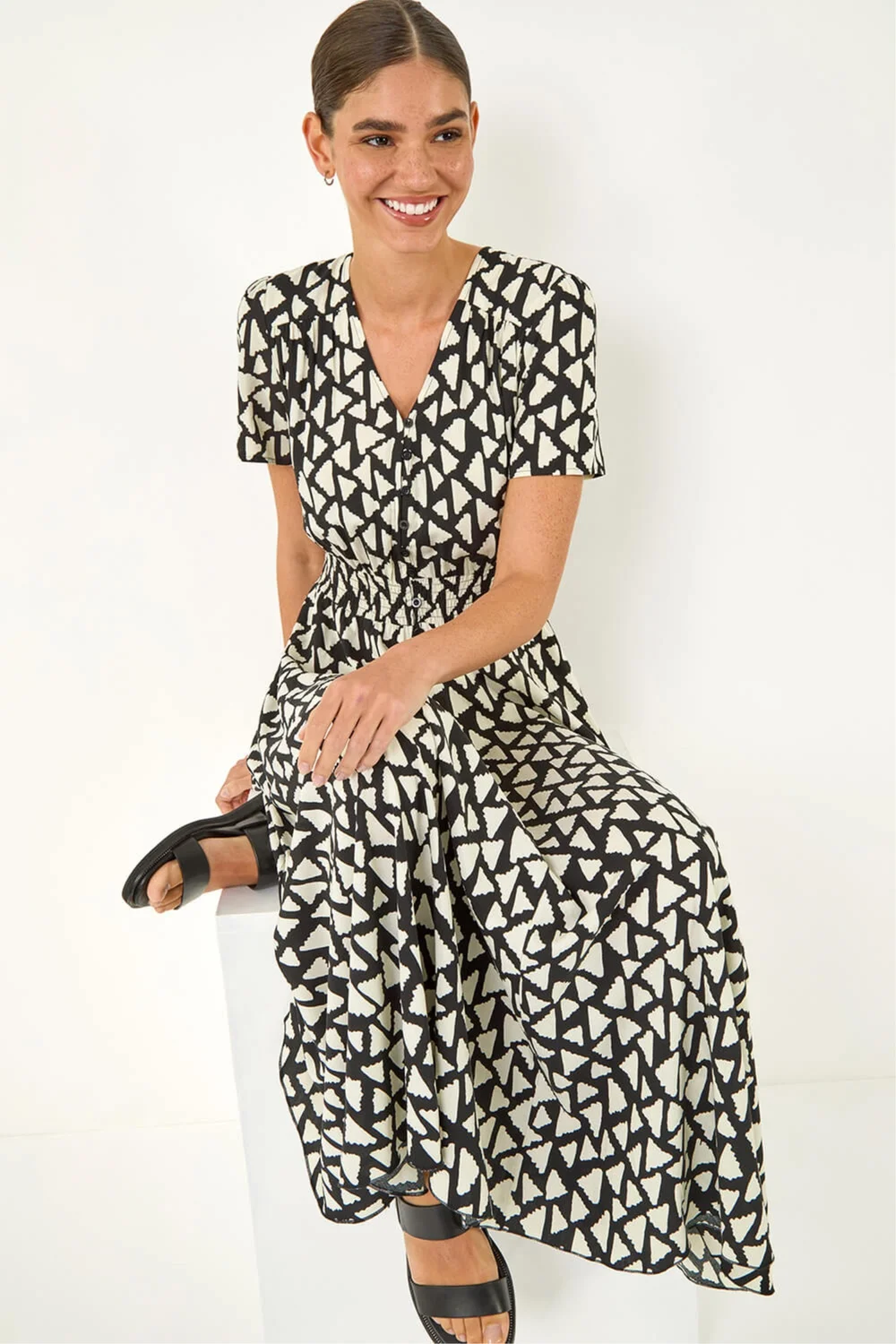 Roman Black Geo Print V-Neck Maxi Dress - 14 Image 1