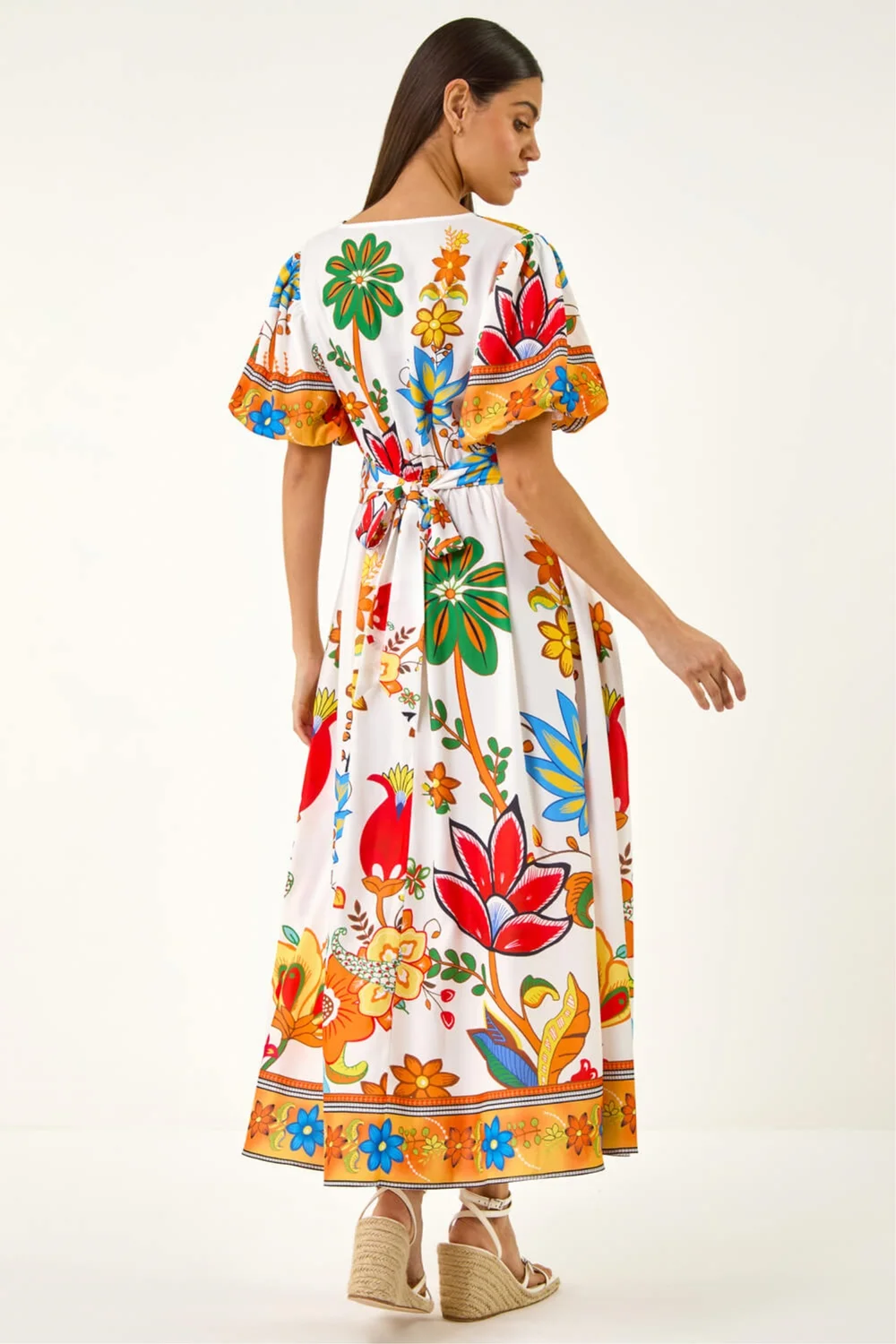 Roman Orange Floral Border Ruched Midi Dress - 12 Image 3