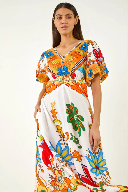 Roman Orange Floral Border Ruched Midi Dress - 12 Image 1