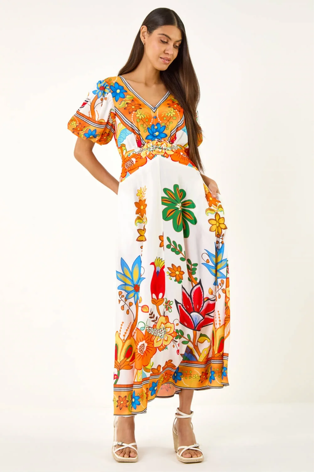 Roman Orange Floral Border Ruched Midi Dress - 12 Image 2