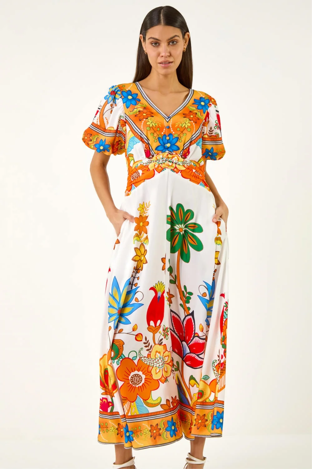 Roman Orange Floral Border Ruched Midi Dress - 12 Image 4