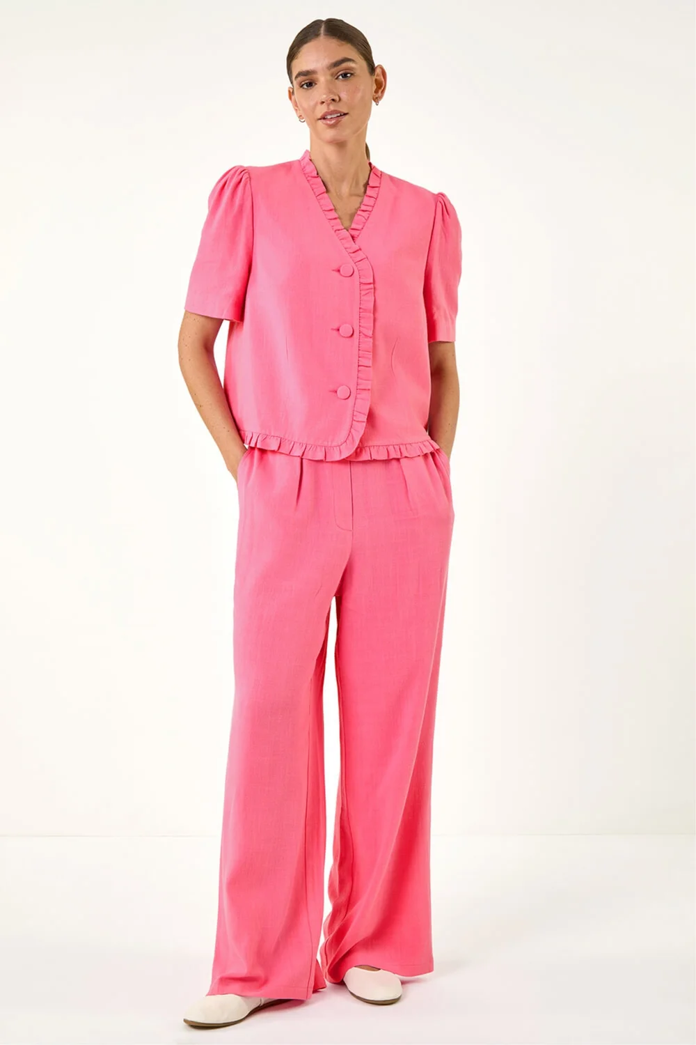 Roman Pink Frill Linen Blend Button Jacket - 12 Image 2