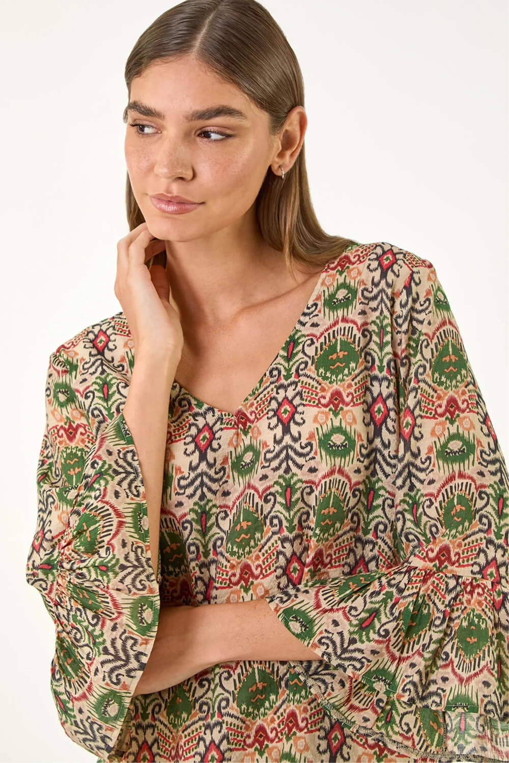 Roman Khaki Ikat Print Flare Sleeve Top - 16 Image 1