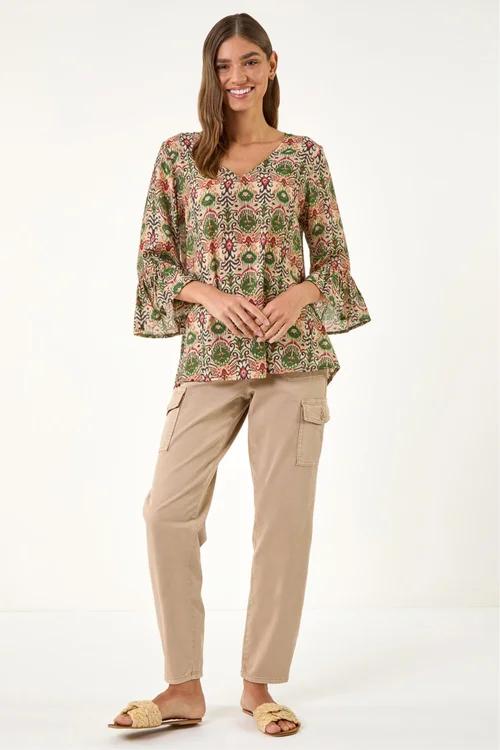 Roman Khaki Ikat Print Flare Sleeve Top - 16 Image 2