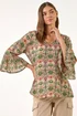 Roman Khaki Ikat Print Flare Sleeve Top - 16 Image 4