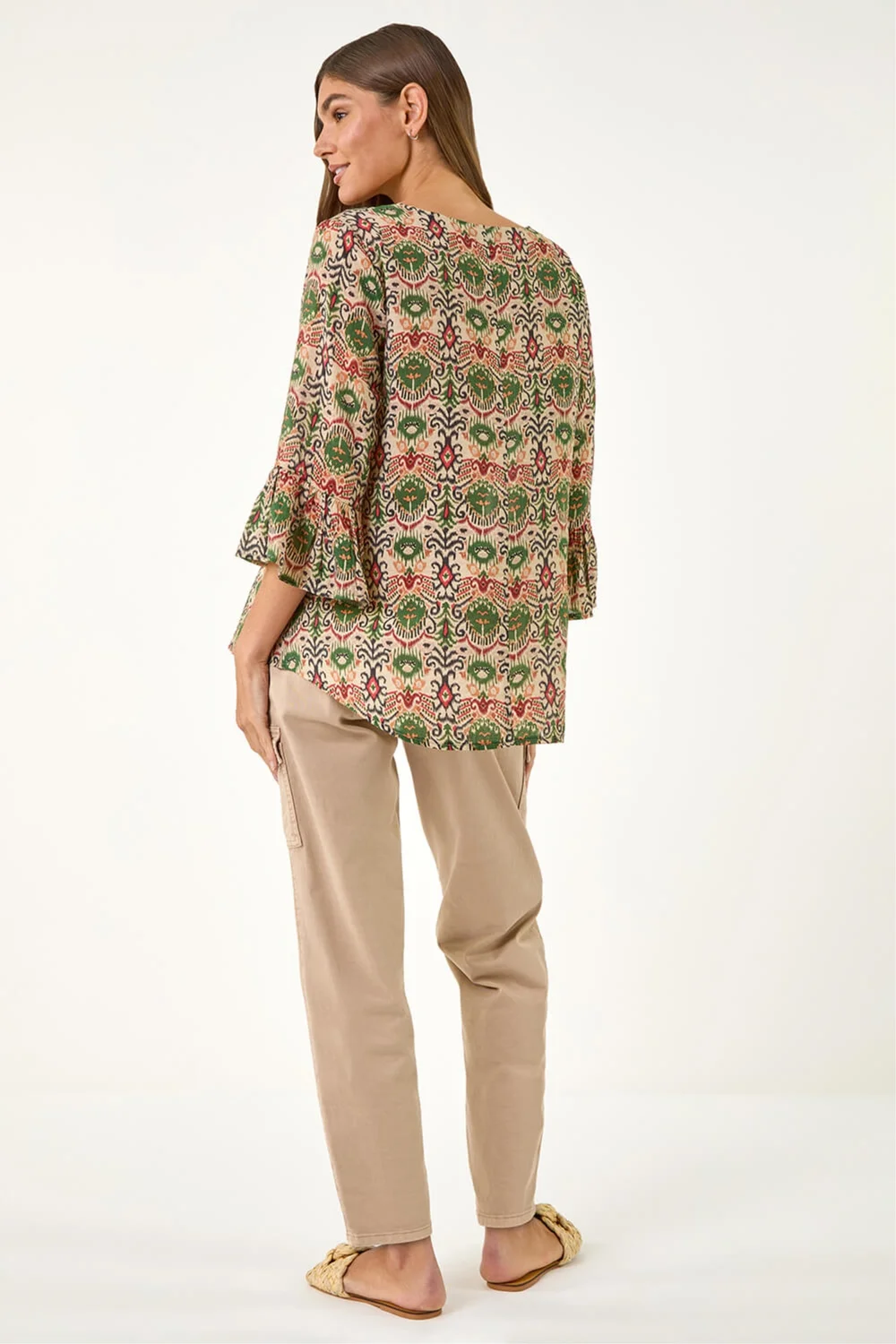 Roman Khaki Ikat Print Flare Sleeve Top - 16 Image 3