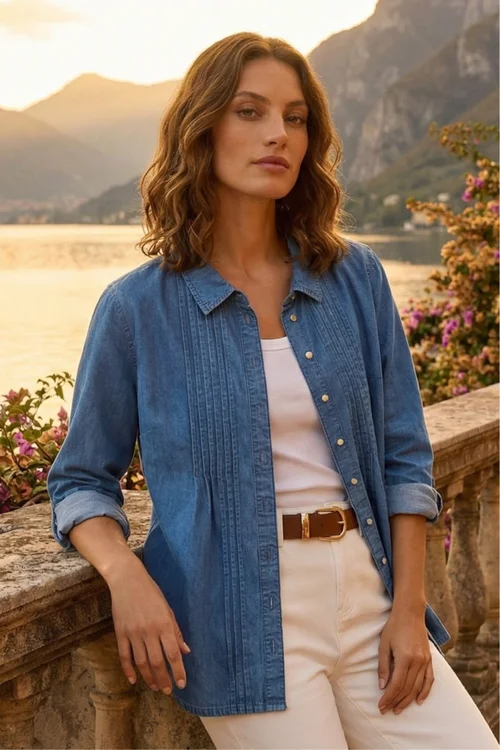 Roman Denim Petite Pintuck Buttoned Blouse - 12 Image 1