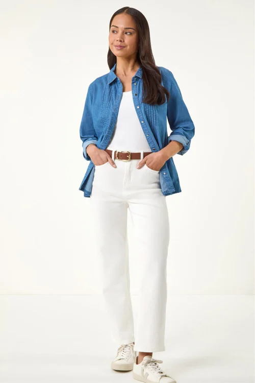 Roman Denim Petite Pintuck Buttoned Blouse - 12 Image 3