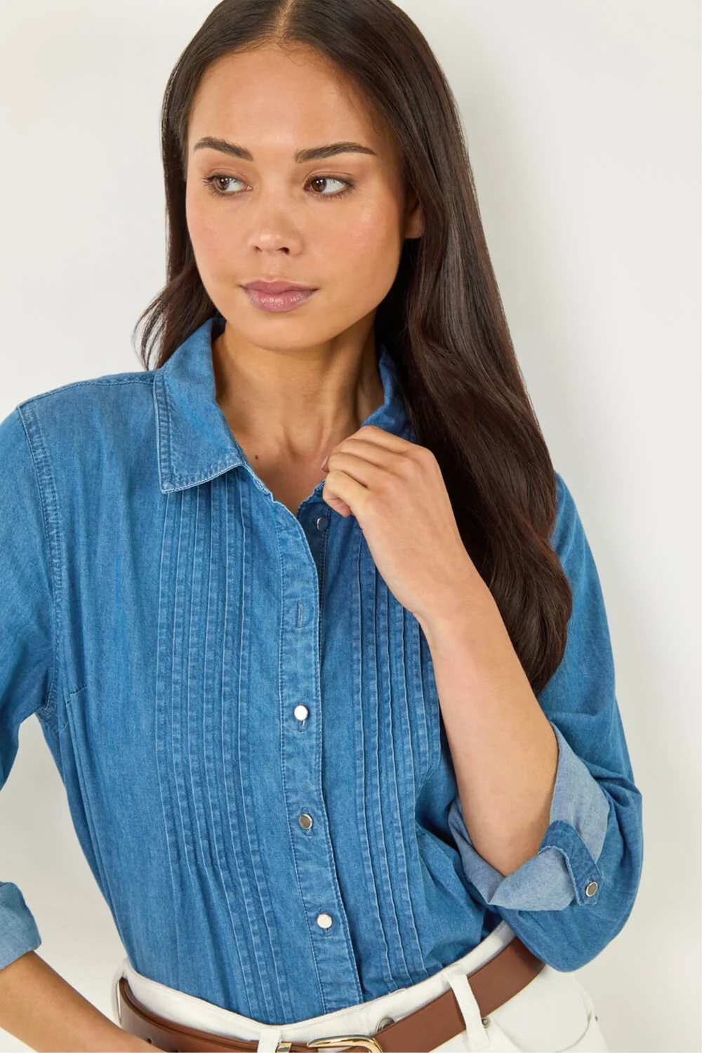 Roman Denim Petite Pintuck Buttoned Blouse - 12 Image 2