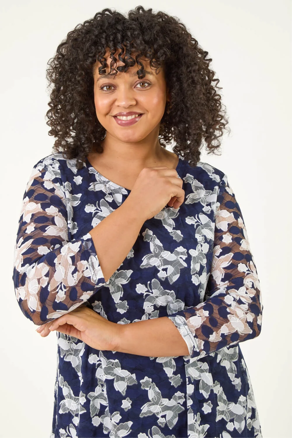 Roman Navy Curve Floral Lace Tunic Top - 16 Image 4