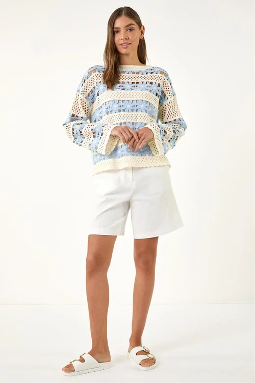 Roman Light Blue Floral Stripe Crochet Knit Jumper - S Image 2