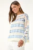 Roman Light Blue Floral Stripe Crochet Knit Jumper - S Image 4