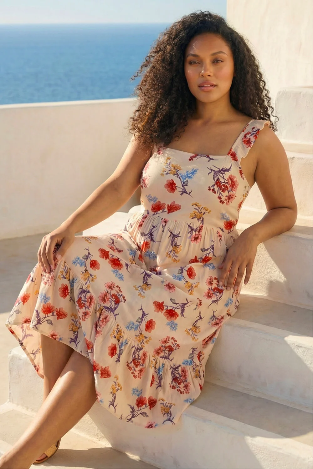 Roman Beige Curve Ditsy Floral Strap Midi Dress - 20 Image 2