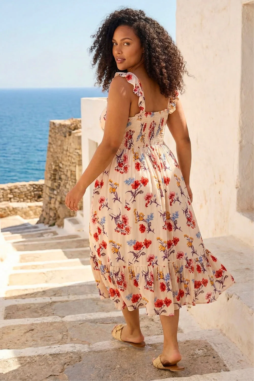 Roman Beige Curve Ditsy Floral Strap Midi Dress - 20 Image 3