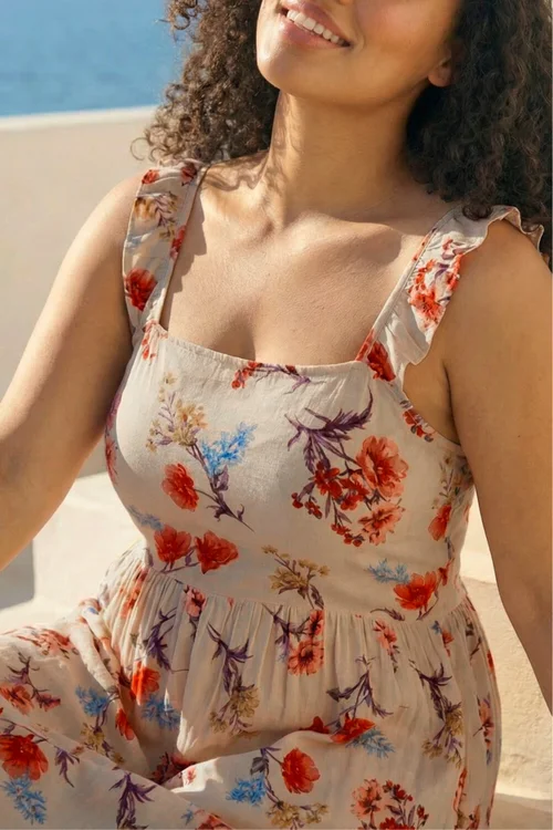 Roman Beige Curve Ditsy Floral Strap Midi Dress - 20 Image 4