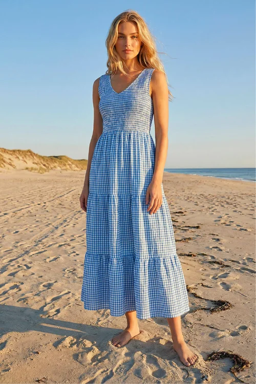 Dusk Blue Gingham Tiered Midi Dress - 16 Image 1