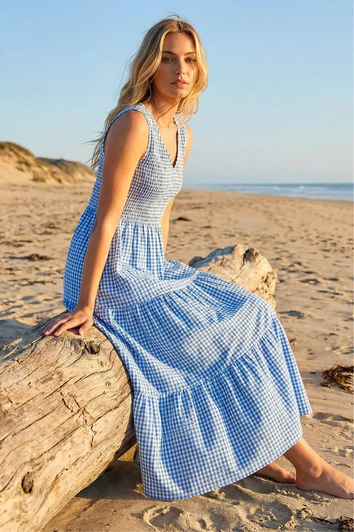 Dusk Blue Gingham Tiered Midi Dress - 16 Image 2