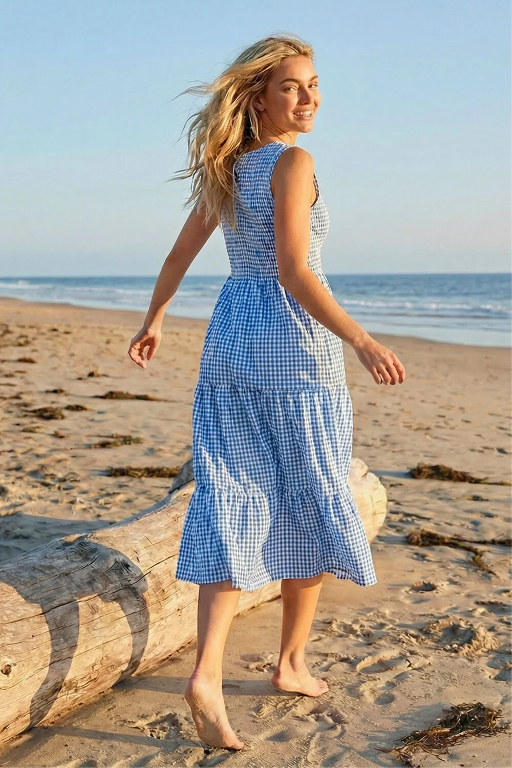 Dusk Blue Gingham Tiered Midi Dress - 16 Image 3