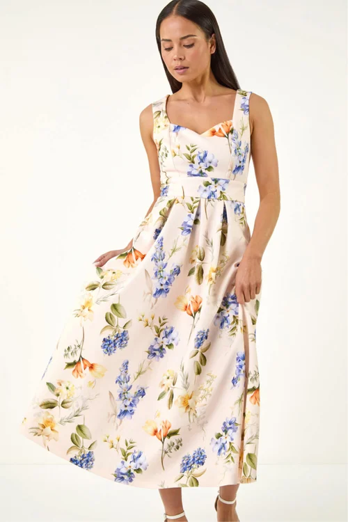 Roman Ivory Petite Floral Print Premium Stretch Midi Dress - 18 Image 4