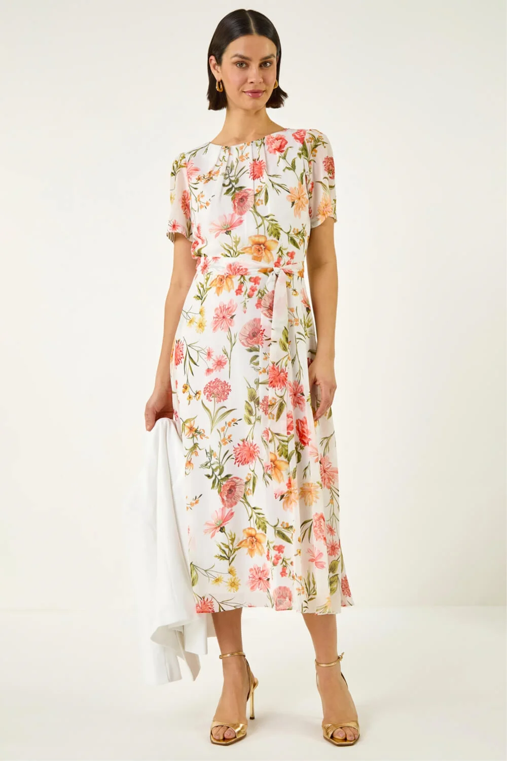 Roman Ivory Floral Chiffon Pleated Dress - 16 Image 3