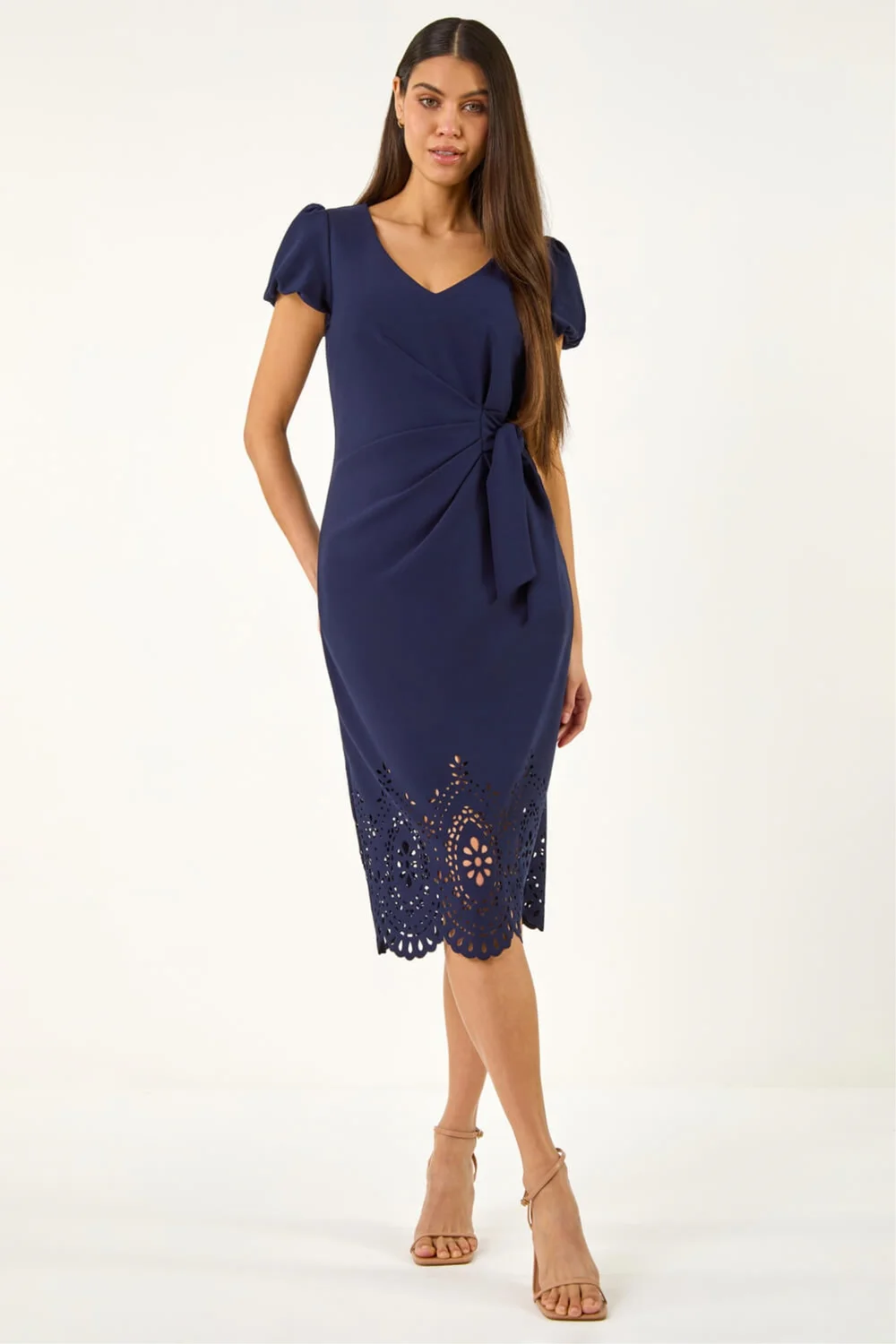 Roman Navy Laser Cut Hem Tie Waist Dress - 16 Image 2