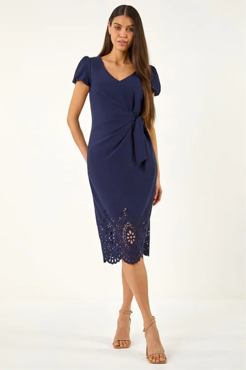 Roman Navy Laser Cut Hem Tie Waist Dress - 16 Image 2