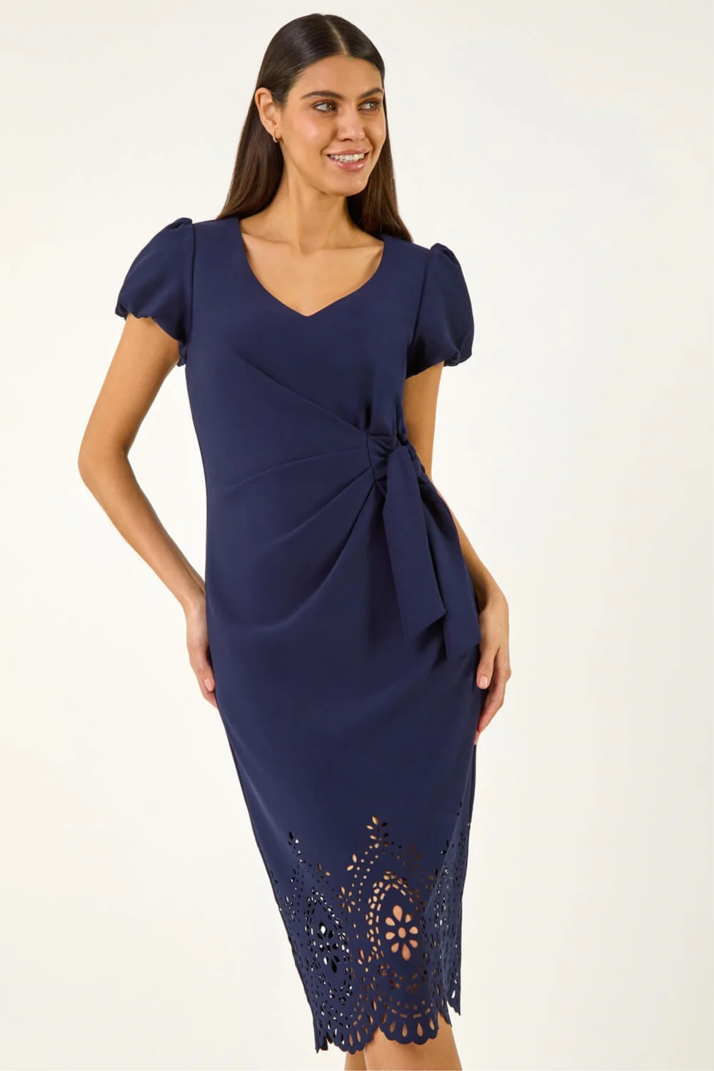 Roman Navy Laser Cut Hem Tie Waist Dress - 16 Image 1