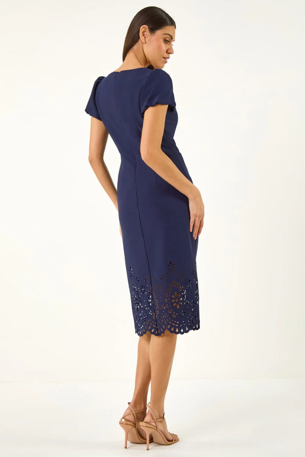 Roman Navy Laser Cut Hem Tie Waist Dress - 16 Image 3