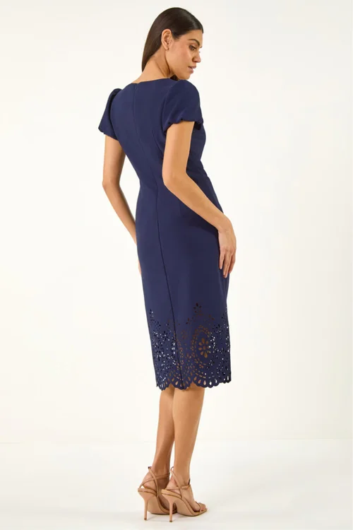 Roman Navy Laser Cut Hem Tie Waist Dress - 16 Image 3
