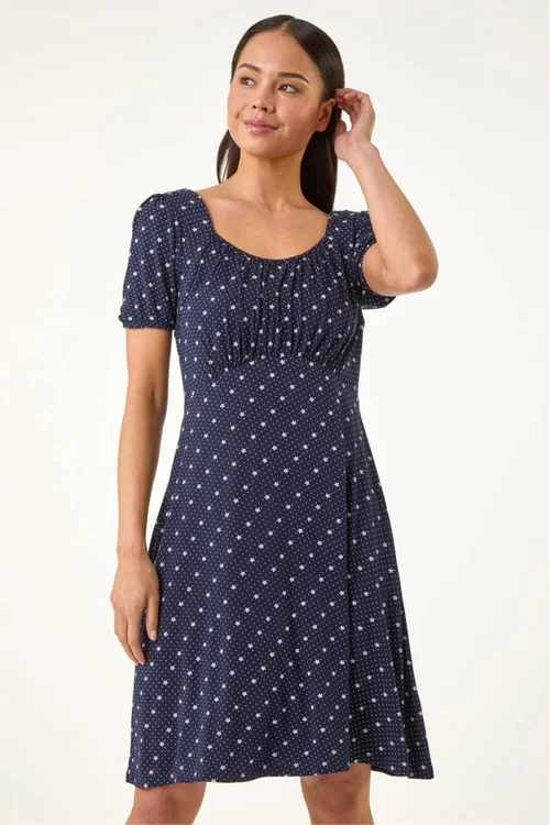Roman Navy Petite Floral Polka Dot Stretch Dress - 14 Image 4