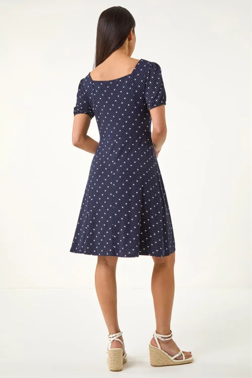 Roman Navy Petite Floral Polka Dot Stretch Dress - 14 Image 3
