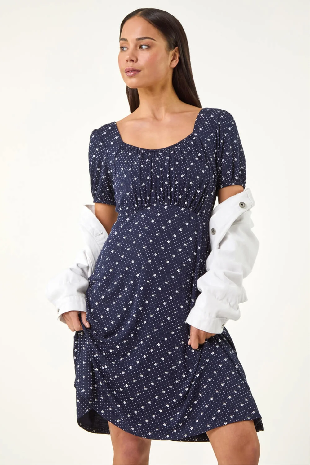 Roman Navy Petite Floral Polka Dot Stretch Dress - 14 Image 1