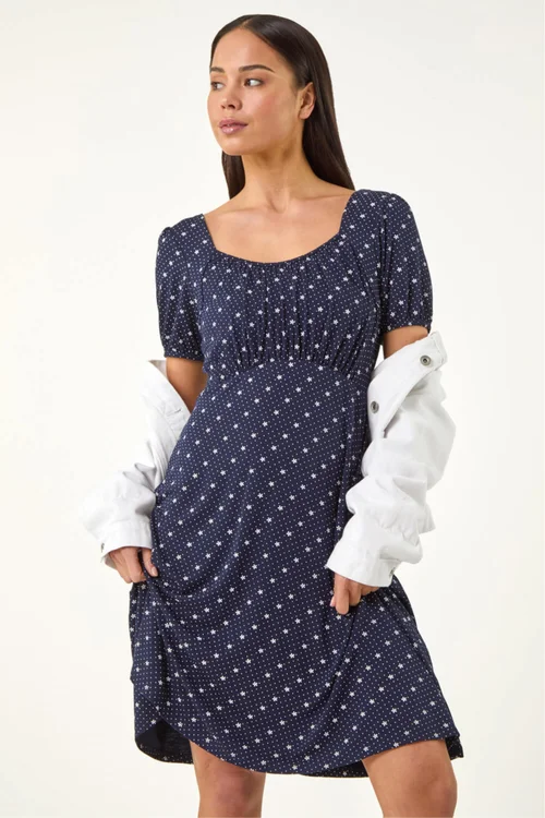 Roman Navy Petite Floral Polka Dot Stretch Dress - 14 Image 1