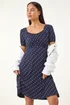 Roman Navy Petite Floral Polka Dot Stretch Dress - 14 Image 1