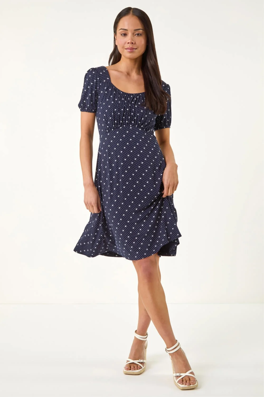 Roman Navy Petite Floral Polka Dot Stretch Dress - 14 Image 2