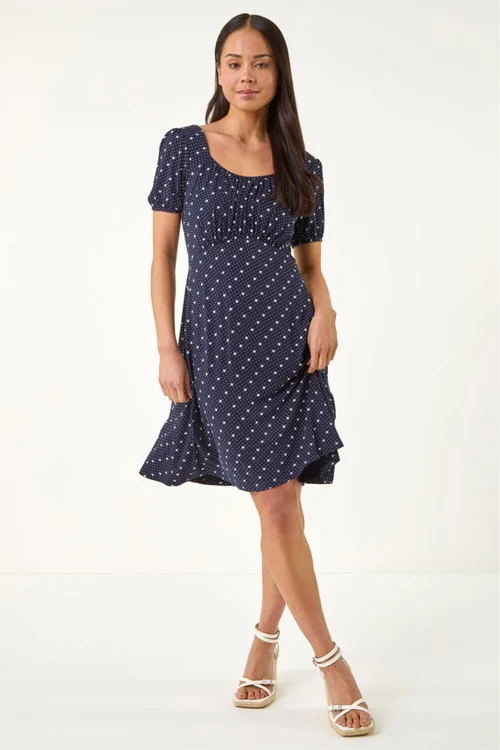 Roman Navy Petite Floral Polka Dot Stretch Dress - 14 Image 2