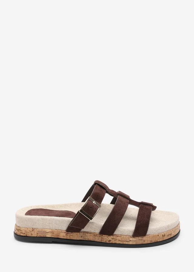 Where's That From Bambi Multi Strap Footbed Dark Brown Faux Suede Sandal