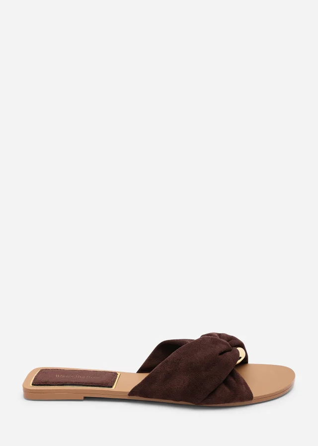 Where's That From Lavina Knot Detail Dark Brown Faux Suede Slide On Sandal