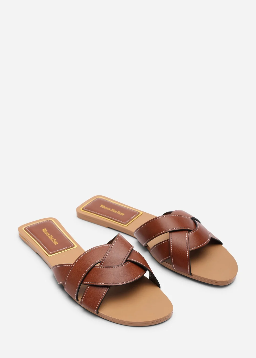 Where's That From Elvira Braided Tan Slide on Sandals with contrast stitching - 4 Image 3