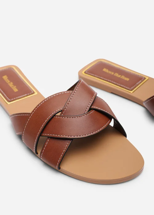 Where's That From Elvira Braided Tan Slide on Sandals with contrast stitching - 4 Image 4