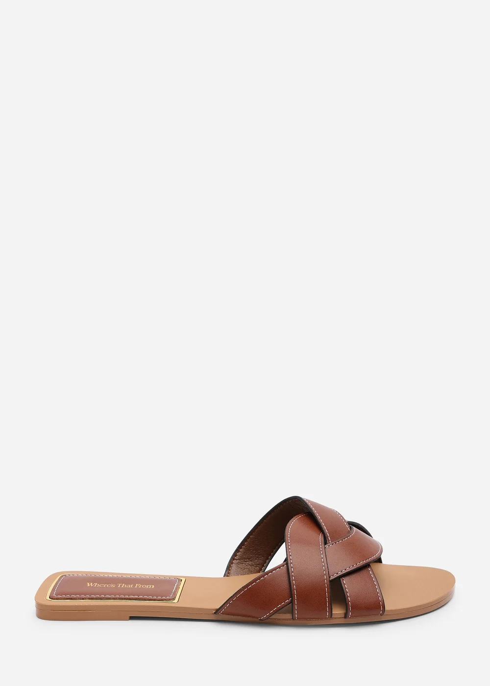 Where's That From Elvira Braided Tan Slide on Sandals with contrast stitching - 4 Image 1