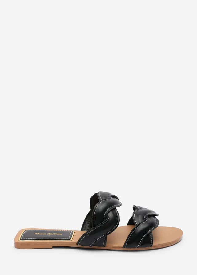 Where's That From Julietta Two Strap Braided Black Slip On Sandals With Contrast Stitching